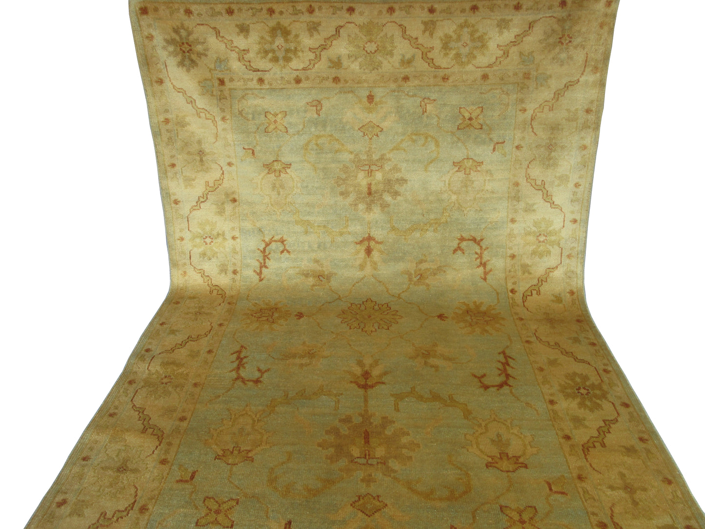 Hand-Knotted Oushak Turkish Rug - Soft Beige and Light Blue, 8x5 ft Carpet