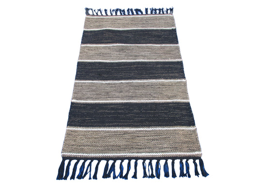 Handwoven Black and Beige Striped Area Rug with Fringe – Bohemian-Style Home Décor