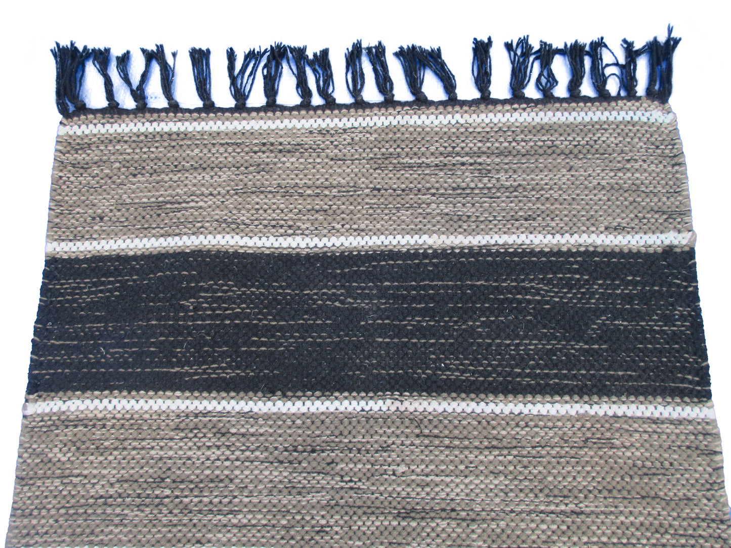 Handwoven Black and Beige Striped Area Rug with Fringe – Bohemian-Style Home Décor