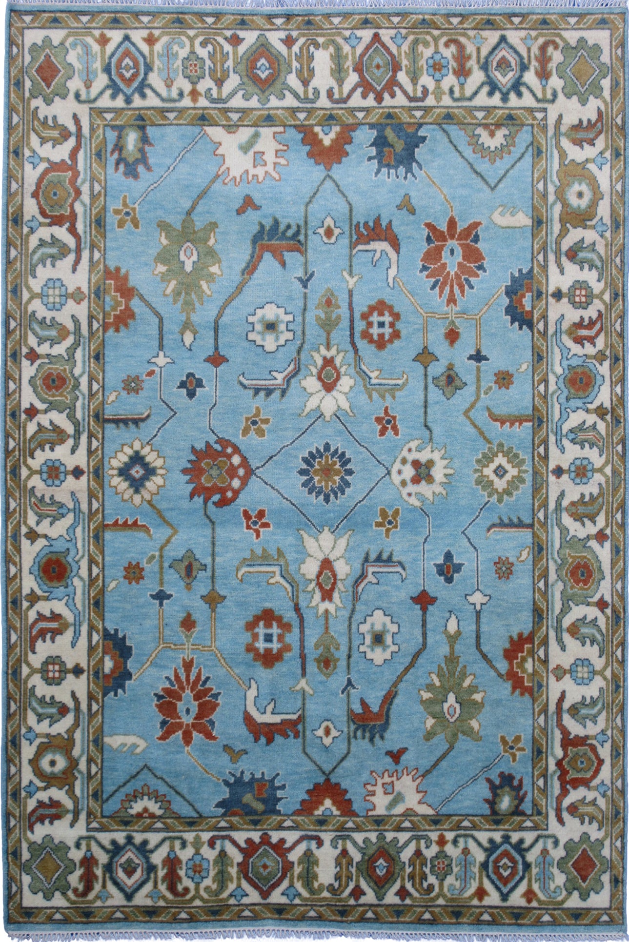 Hand-Knotted Oushak Rug - Blue & Beige | Pure Wool Luxury Rug