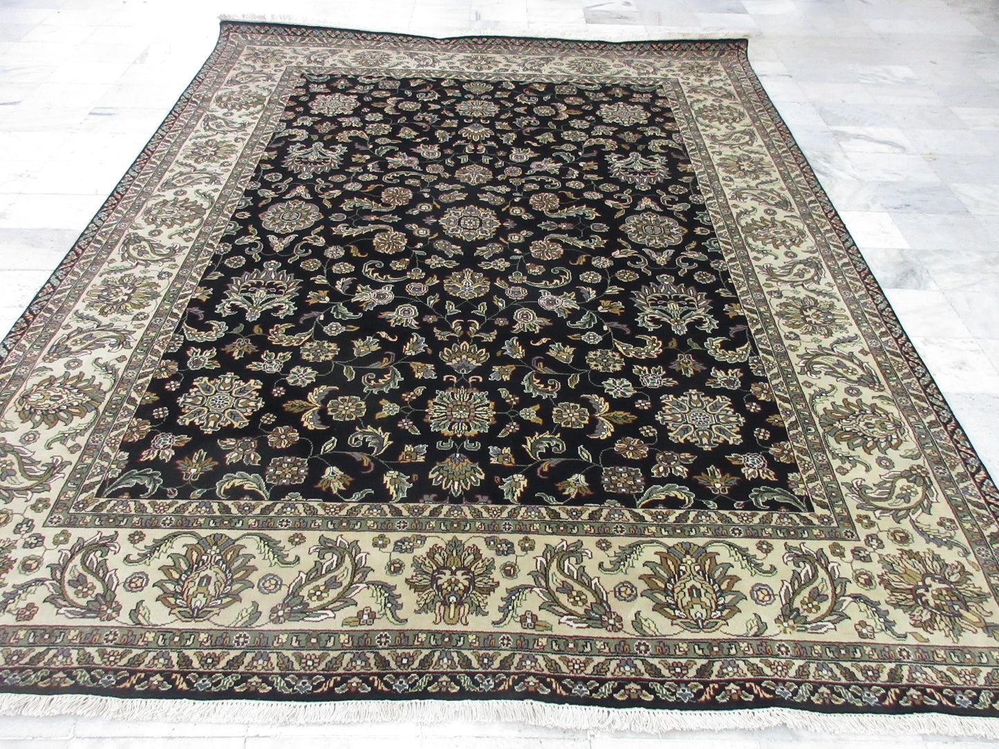 Luxurious Black and Ivory Hand-Knotted 10x8 Feet Persian Silk Rug | Exquisite Persian Design