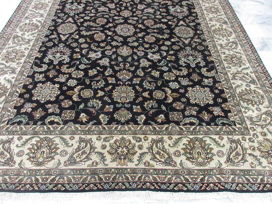 Luxurious Black and Ivory Hand-Knotted 10x8 Feet Persian Silk Rug | Exquisite Persian Design