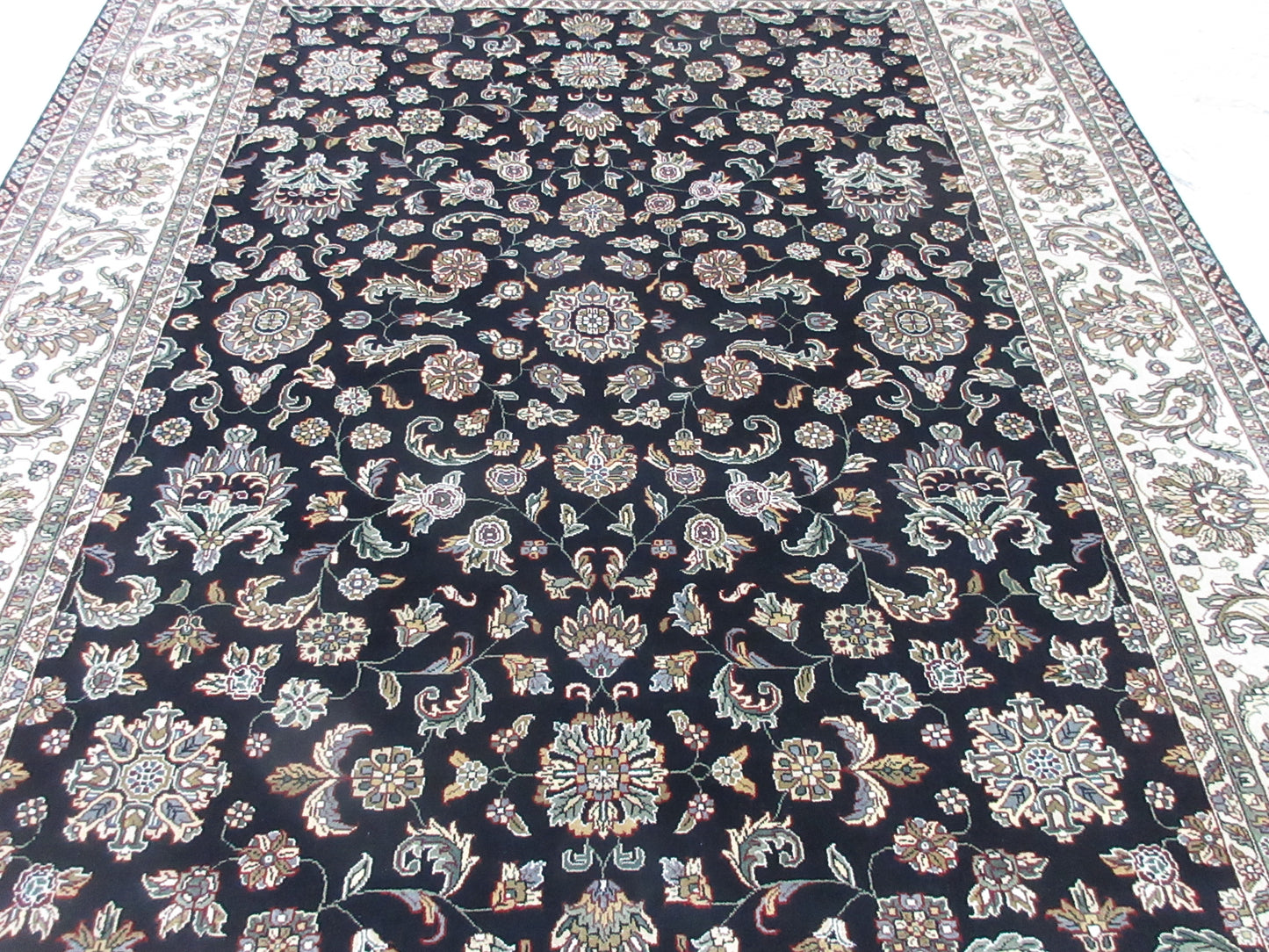 Luxurious Black and Ivory Hand-Knotted 10x8 Feet Persian Silk Rug | Exquisite Persian Design