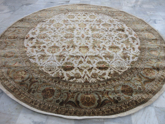 10x10 Feet Round Persian Rug - Hand-Knotted Silk Carpet - Elegant Ivory & Light Blue Designer Home Decor