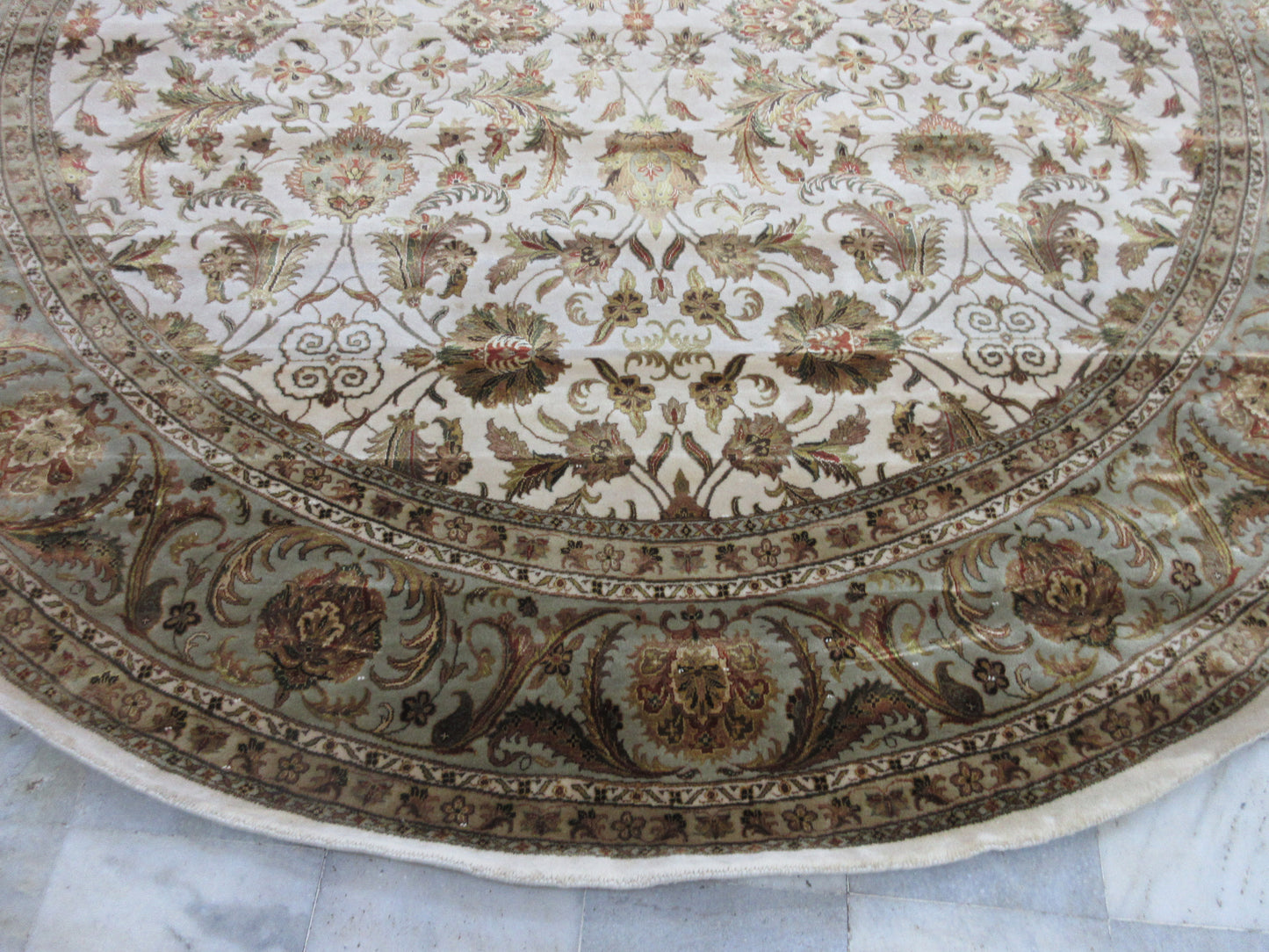 10x10 Feet Round Persian Rug - Hand-Knotted Silk Carpet - Elegant Ivory & Light Blue Designer Home Decor