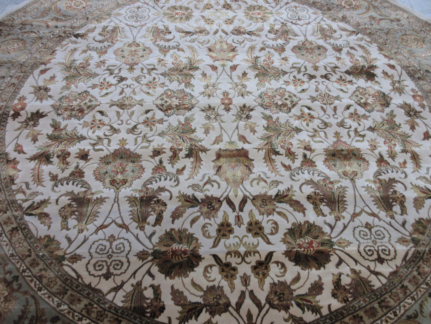 10x10 Feet Round Persian Rug - Hand-Knotted Silk Carpet - Elegant Ivory & Light Blue Designer Home Decor