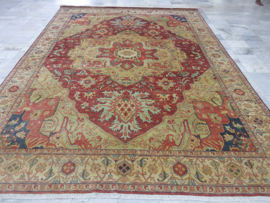 Antique Medallion Hand-Knotted Rug -(9x12) Feet Red & Gold Wool Area Rug | Luxury Home Decor Rug