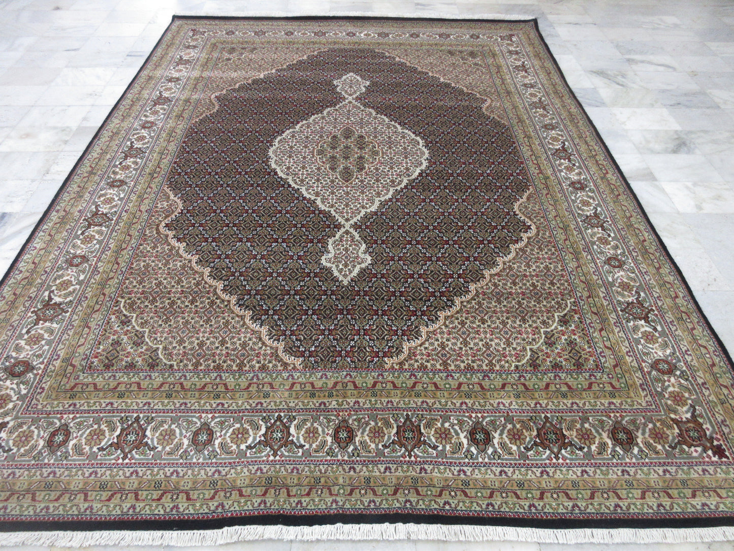 Hand-knotted Area Rug 8.0X10.0 Feet Fine Weave Black Tabriz Mahi Wool Area Rug