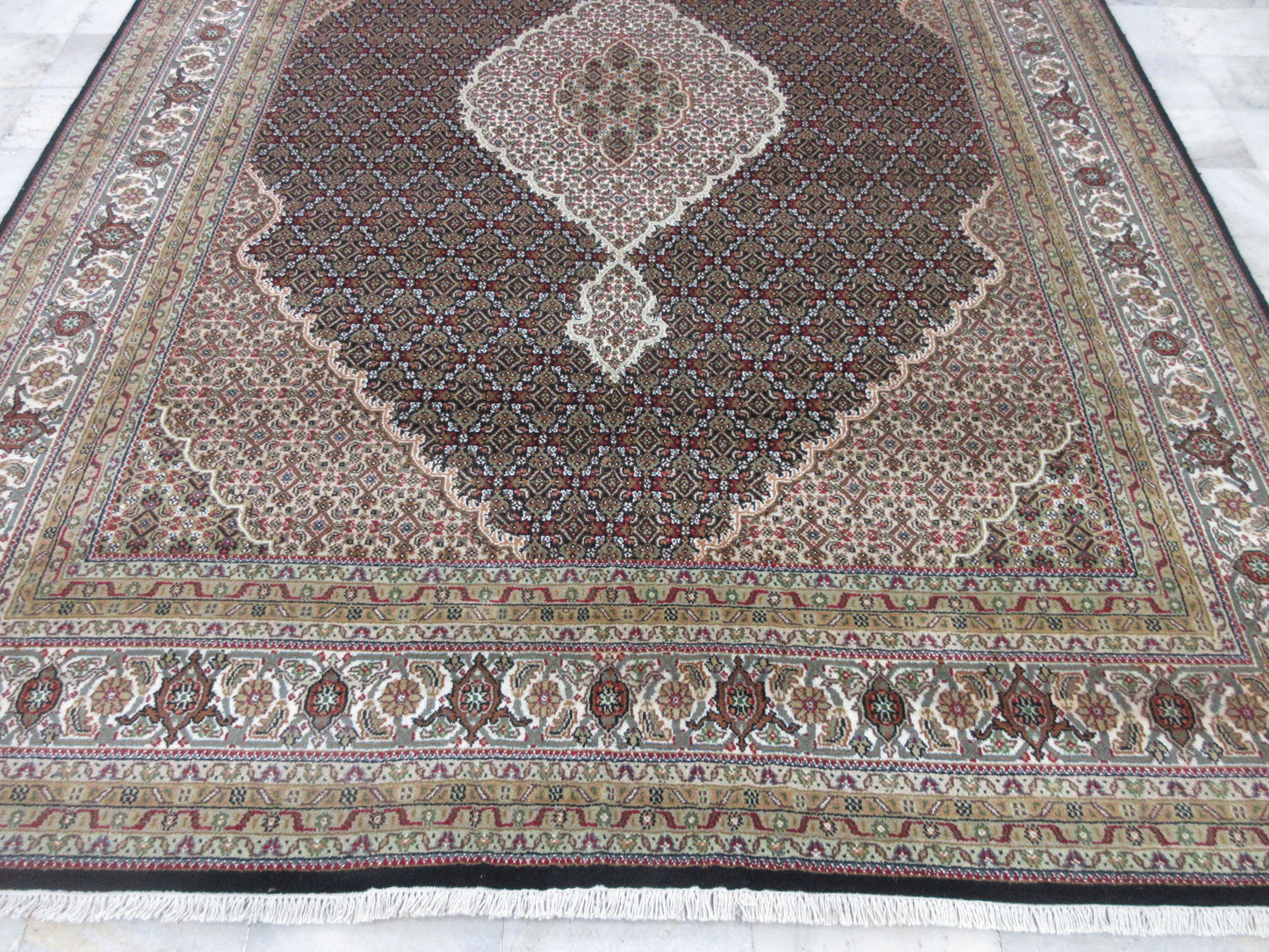 Hand-knotted Area Rug 8.0X10.0 Feet Fine Weave Black Tabriz Mahi Wool Area Rug