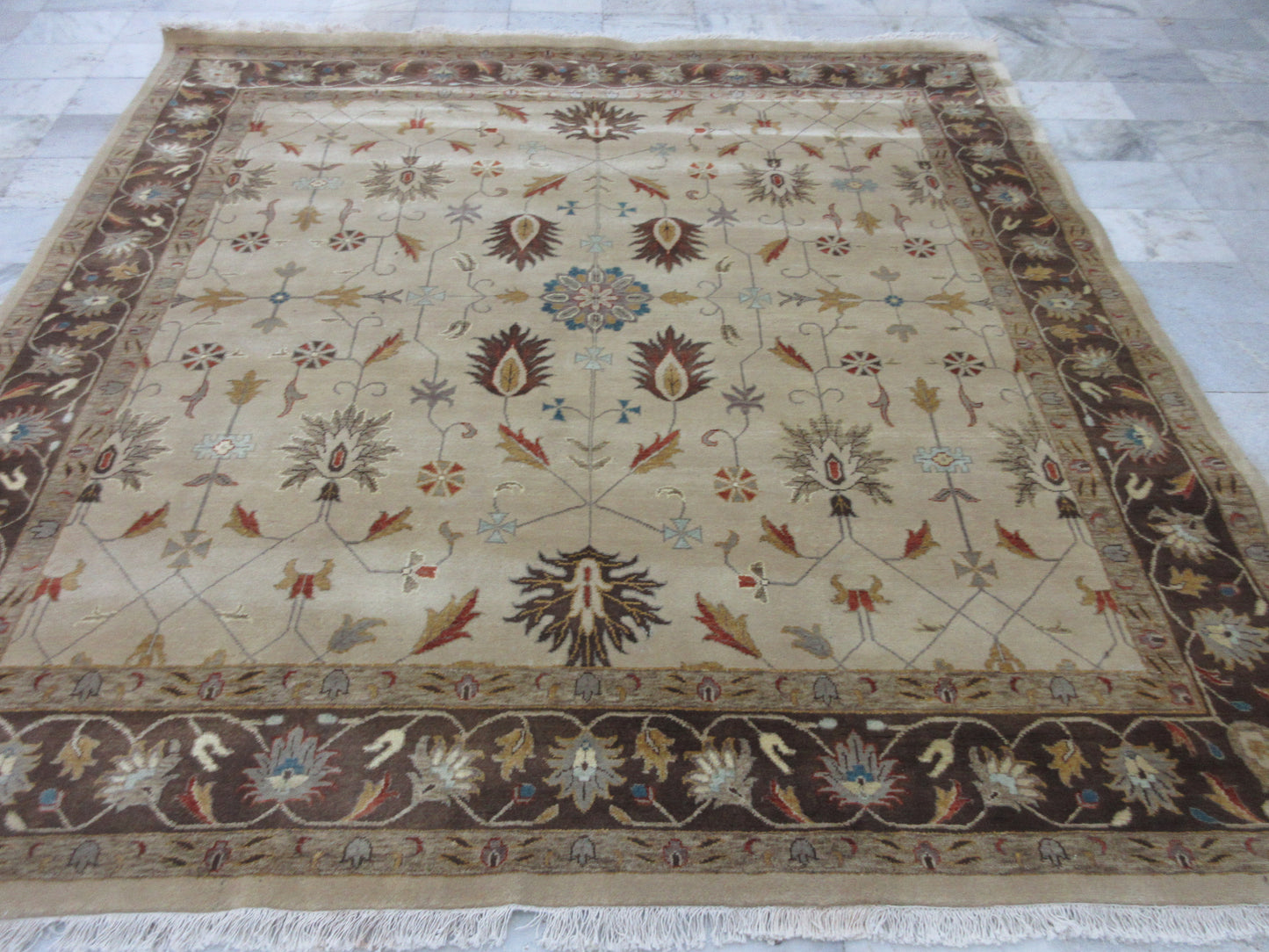 Exquisite 8x8 Feet Hand-Knotted Floral Area Rug - Beige and Brown Living Room Rug