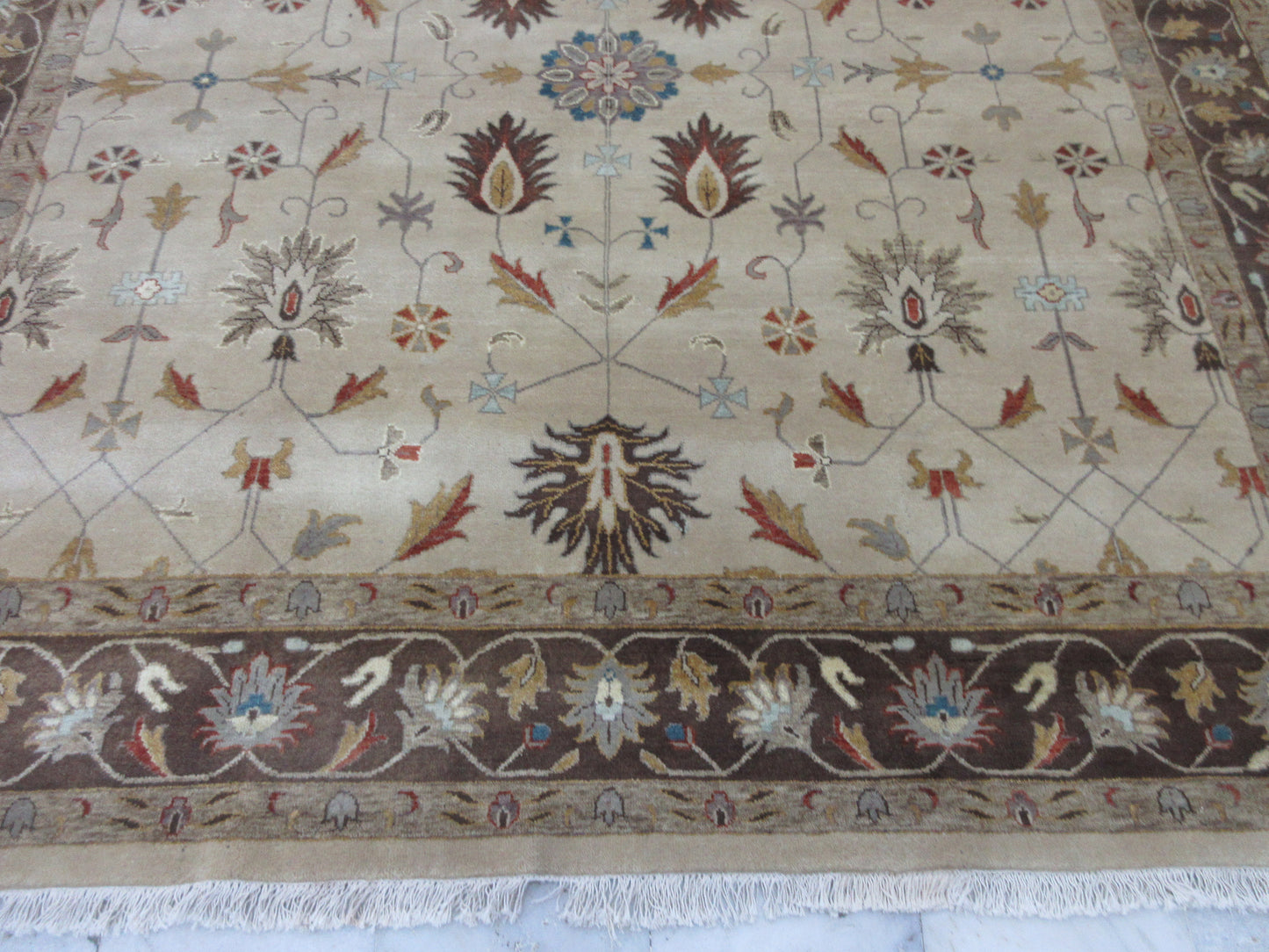 Exquisite 8x8 Feet Hand-Knotted Floral Area Rug - Beige and Brown Living Room Rug