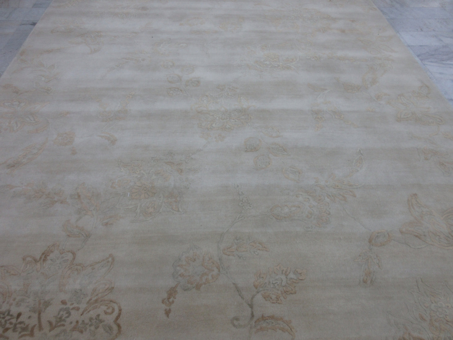 Vintage Hand-Knotted 12x9 Feet Silk Floral Area Rug - Beige for Living Room & Any Room