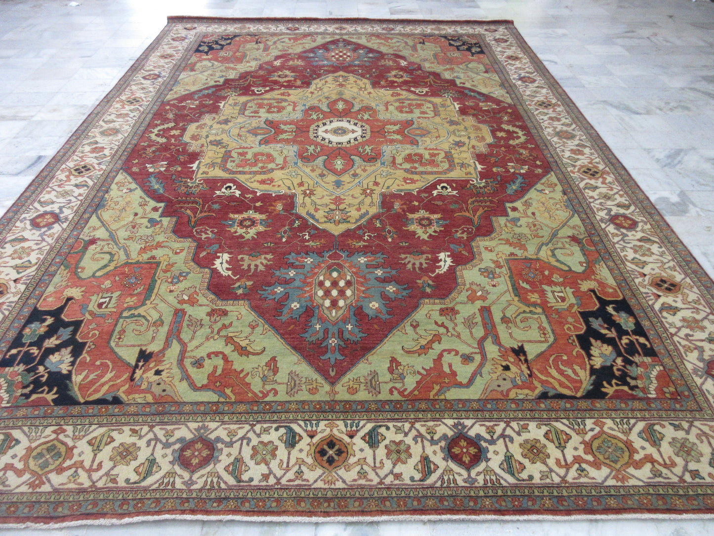 Large 10x14 ft Hand-Knotted Traditional Oriental Area Rug - Red & Beige Heriz Design Area Rug