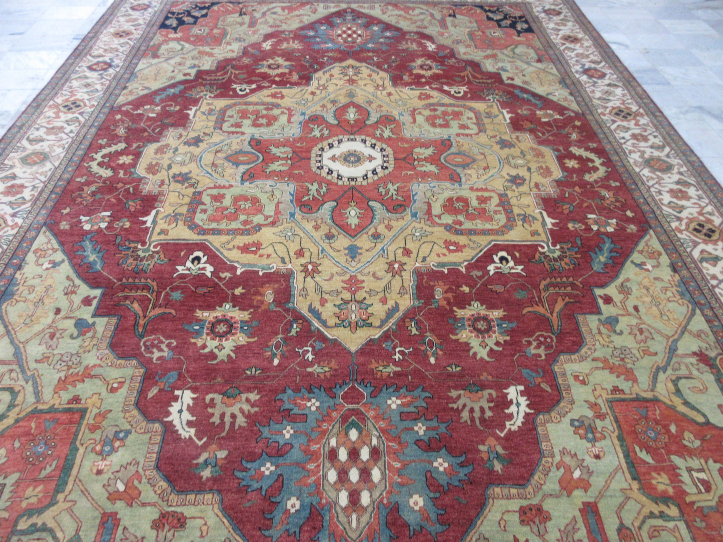 Large 10x14 ft Hand-Knotted Traditional Oriental Area Rug - Red & Beige Heriz Design Area Rug