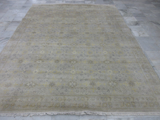 10x8ft Hand-Knotted Chobi Peshawar Oushak Rug – Floral Design, Beige | Beige Area Carpet