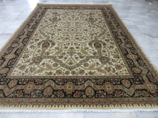 Hand-Knotted 9x12 Feet Traditional Oriental Rug - Beige | Brown Floral Persian Design, Wool Area Rug