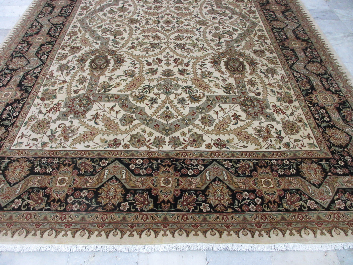 Hand-Knotted 9x12 Feet Traditional Oriental Rug - Beige | Brown Floral Persian Design, Wool Area Rug