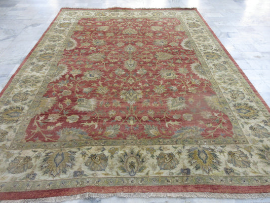 9x12 Hand-Knotted Oriental Area Rug - Traditional Red/Ivory Floral Design Carpet