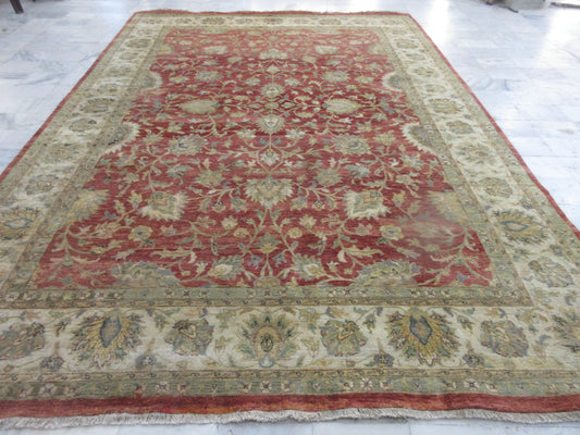 Large Hand-Knotted 10x14 ft Oriental Area Rug - Traditional Red/Ivory Floral Design Carpet