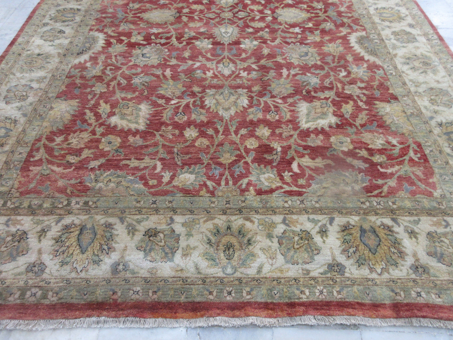 Large Hand-Knotted 10x14 ft Oriental Area Rug - Traditional Red/Ivory Floral Design Carpet