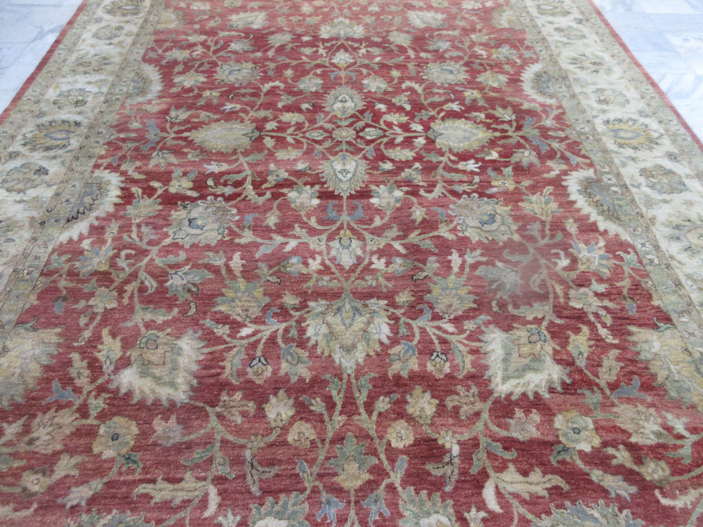 Large Hand-Knotted 10x14 ft Oriental Area Rug - Traditional Red/Ivory Floral Design Carpet