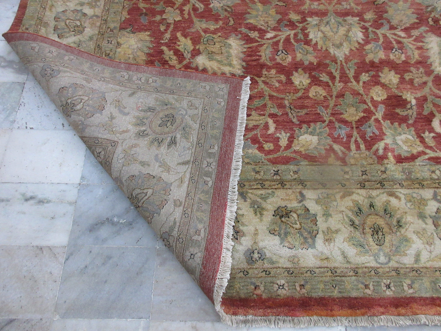 Large Hand-Knotted 10x14 ft Oriental Area Rug - Traditional Red/Ivory Floral Design Carpet