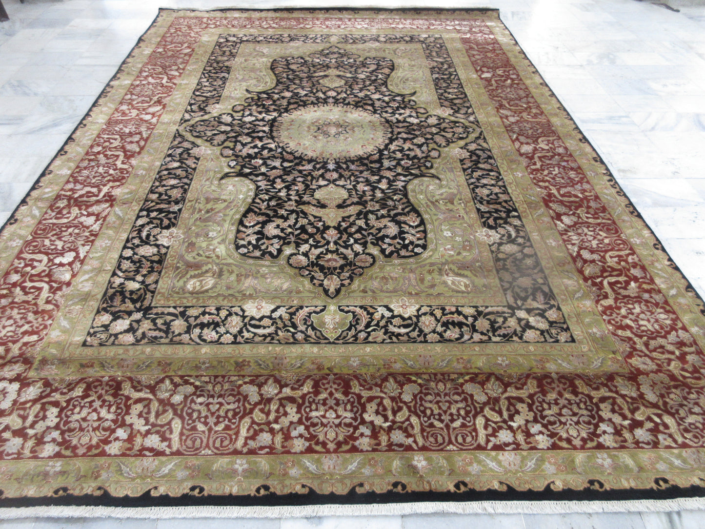 Hand-Knotted 12x9 Ft Oriental Silk Area Rug – Traditional Persian Design Home Decor Carpet