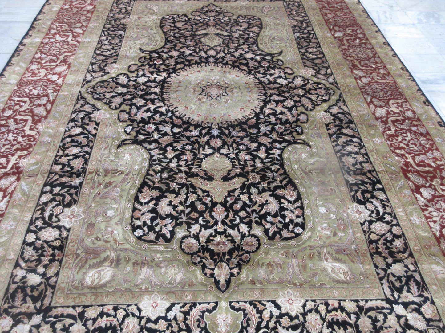 Hand-Knotted 12x9 Ft Oriental Silk Area Rug – Traditional Persian Design Home Decor Carpet