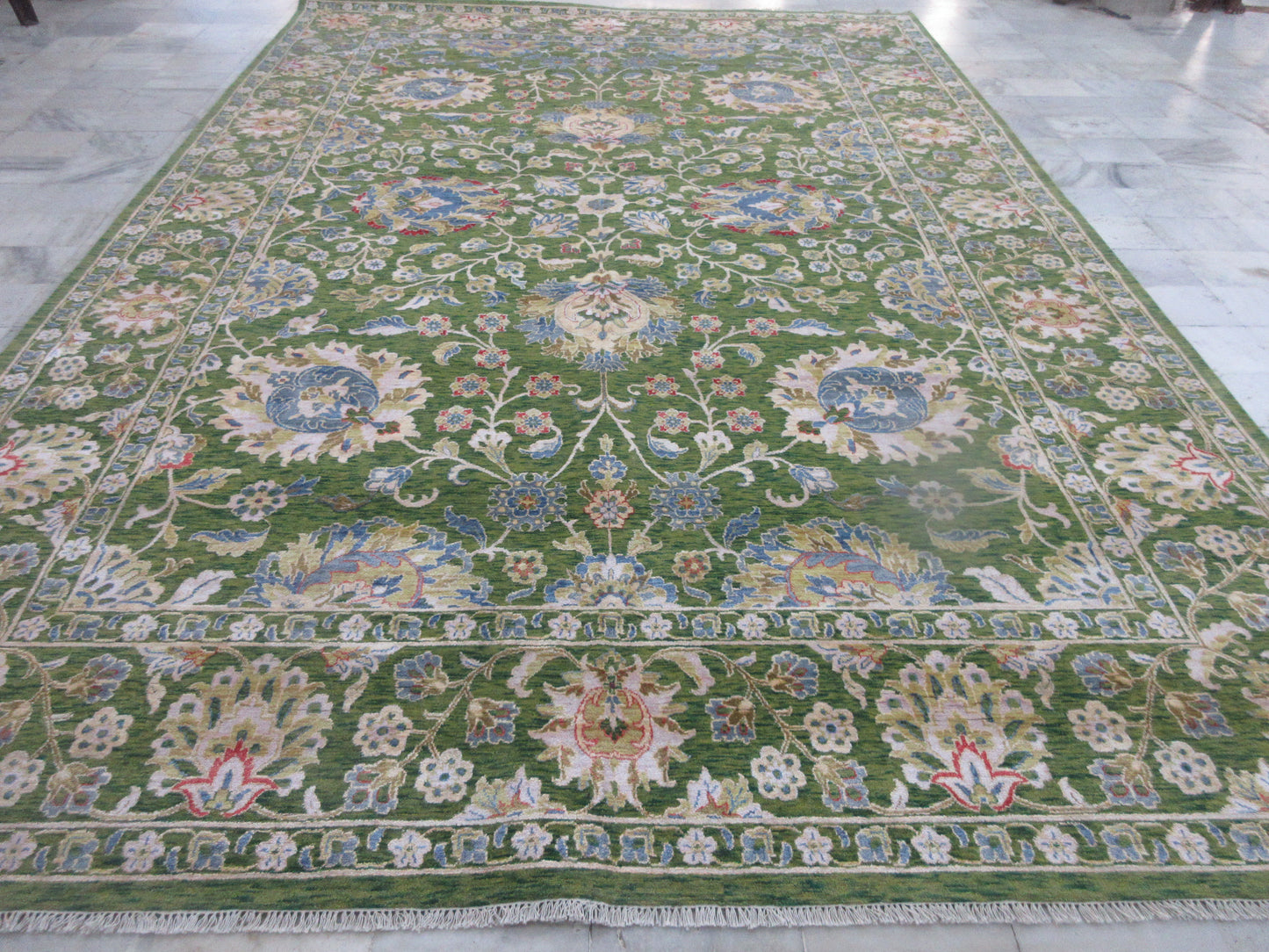 Transitional Floral Persian Area Rug 10x14 Feet Hand-Knotted Silk Large Green | Green Area Carpet