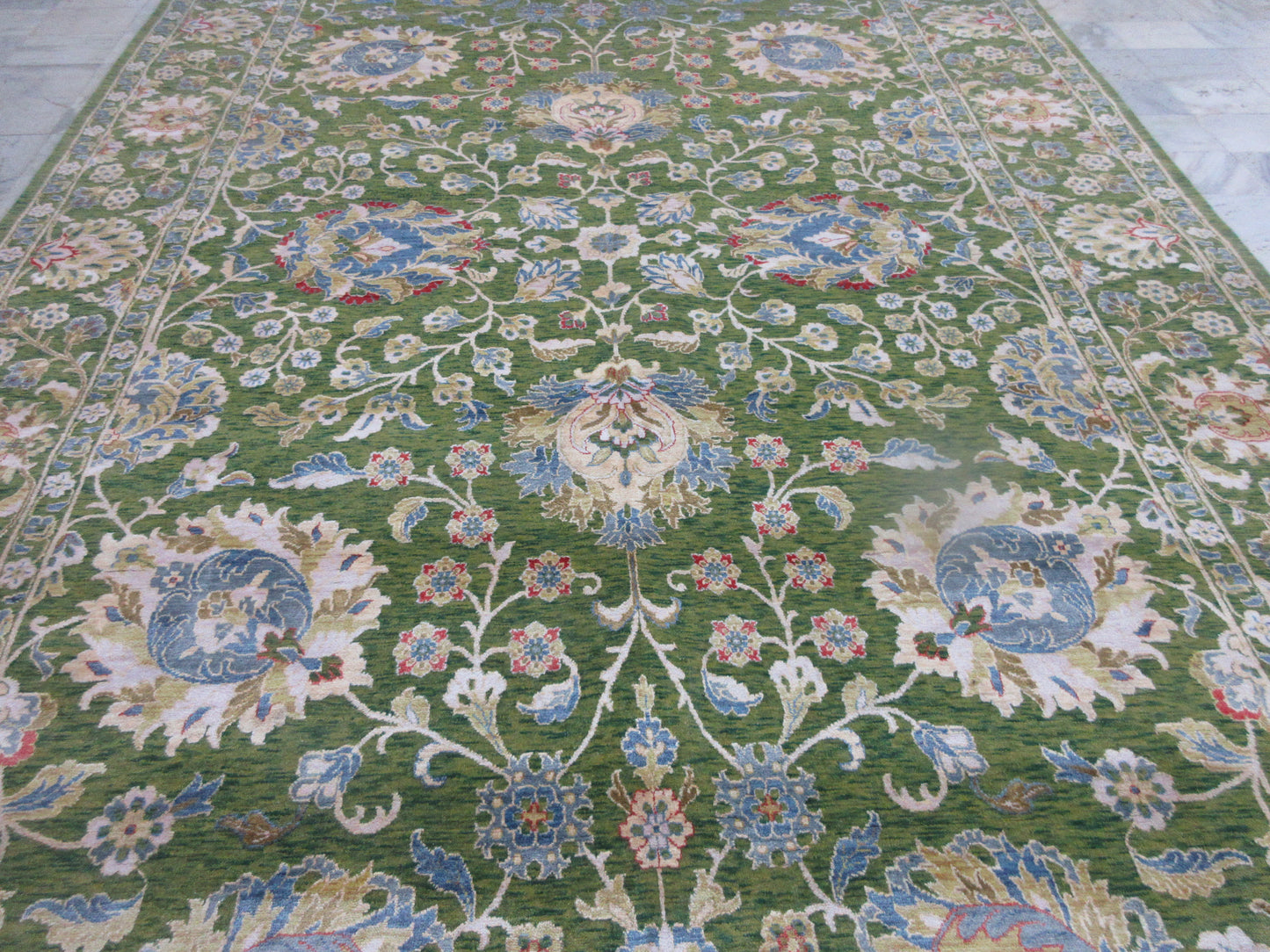 Transitional Floral Persian Area Rug 10x14 Feet Hand-Knotted Silk Large Green | Green Area Carpet