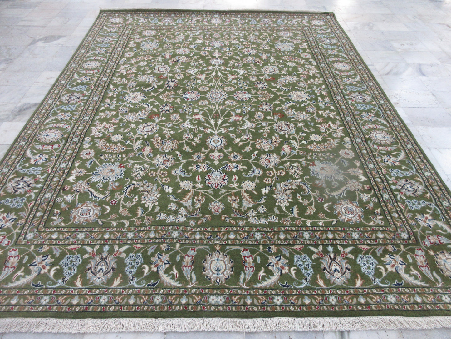 Hand-Knotted 8x10 ft Dark Green Floral Persian Style Rug | Silk Rug | Traditional Area Rug