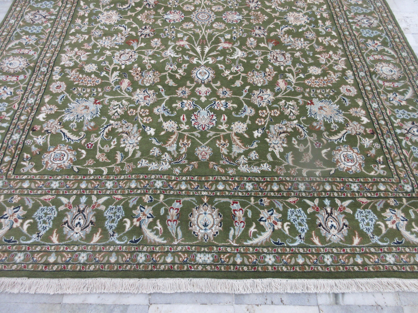 Hand-Knotted 8x10 ft Dark Green Floral Persian Style Rug | Silk Rug | Traditional Area Rug