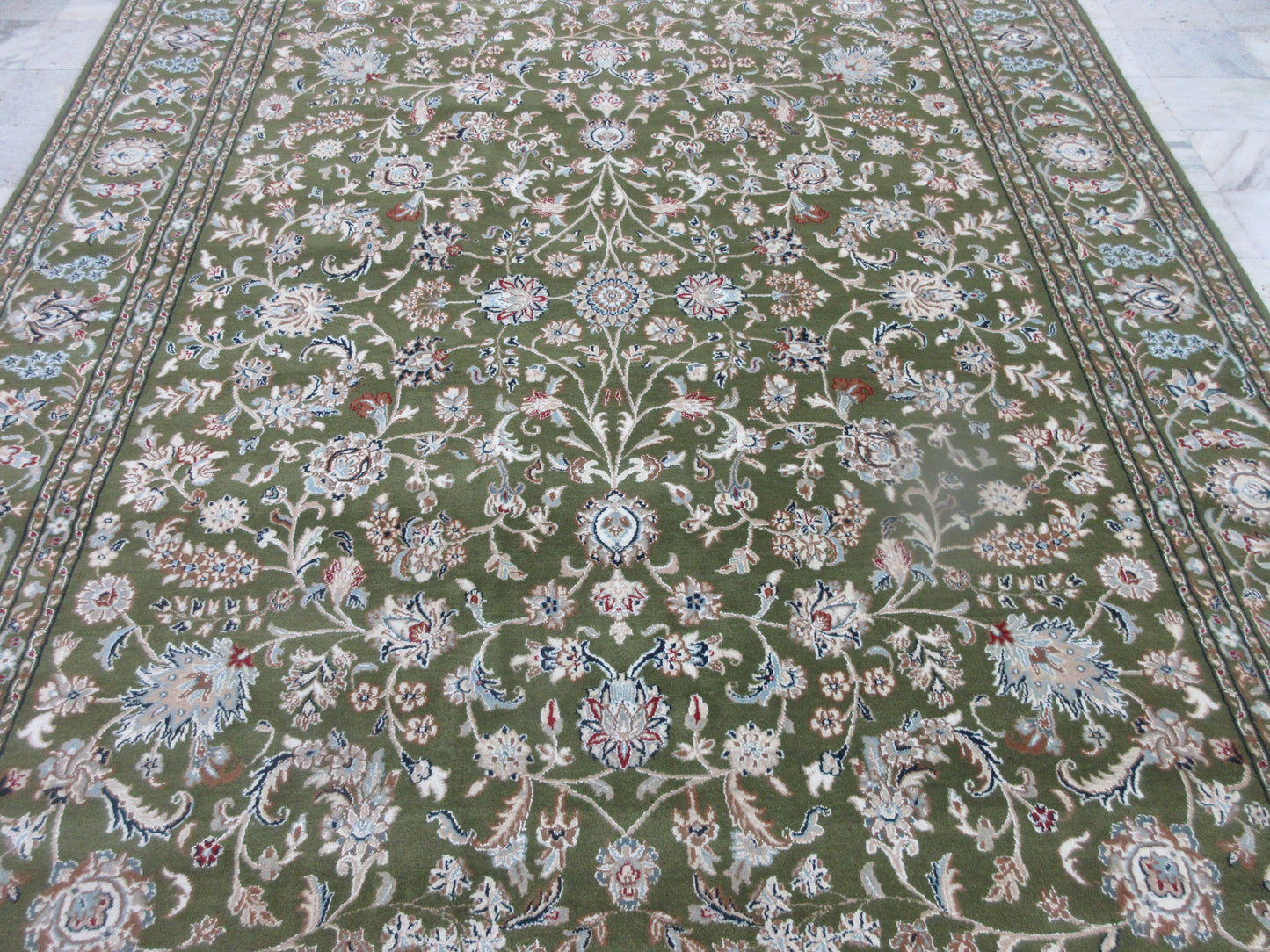 Hand-Knotted 8x10 ft Dark Green Floral Persian Style Rug | Silk Rug | Traditional Area Rug