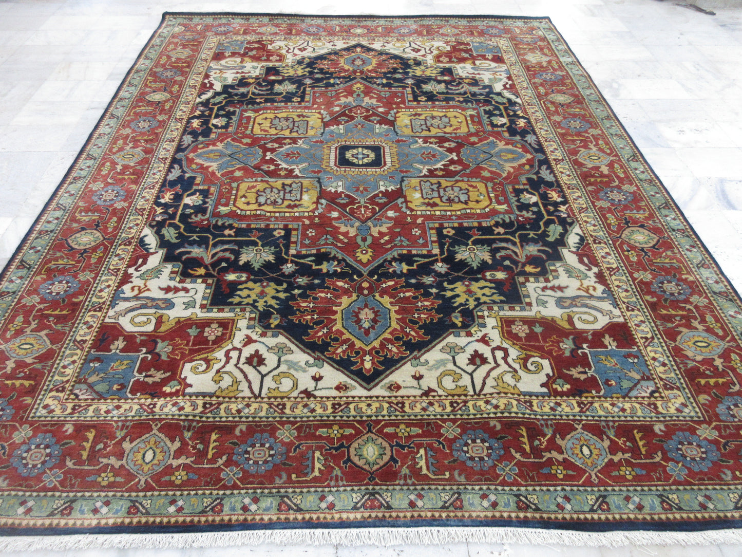 8x10 ft Hand-Knotted Persian Heriz Rug - Traditional Vintage Rust & Blue Wool Area Carpet