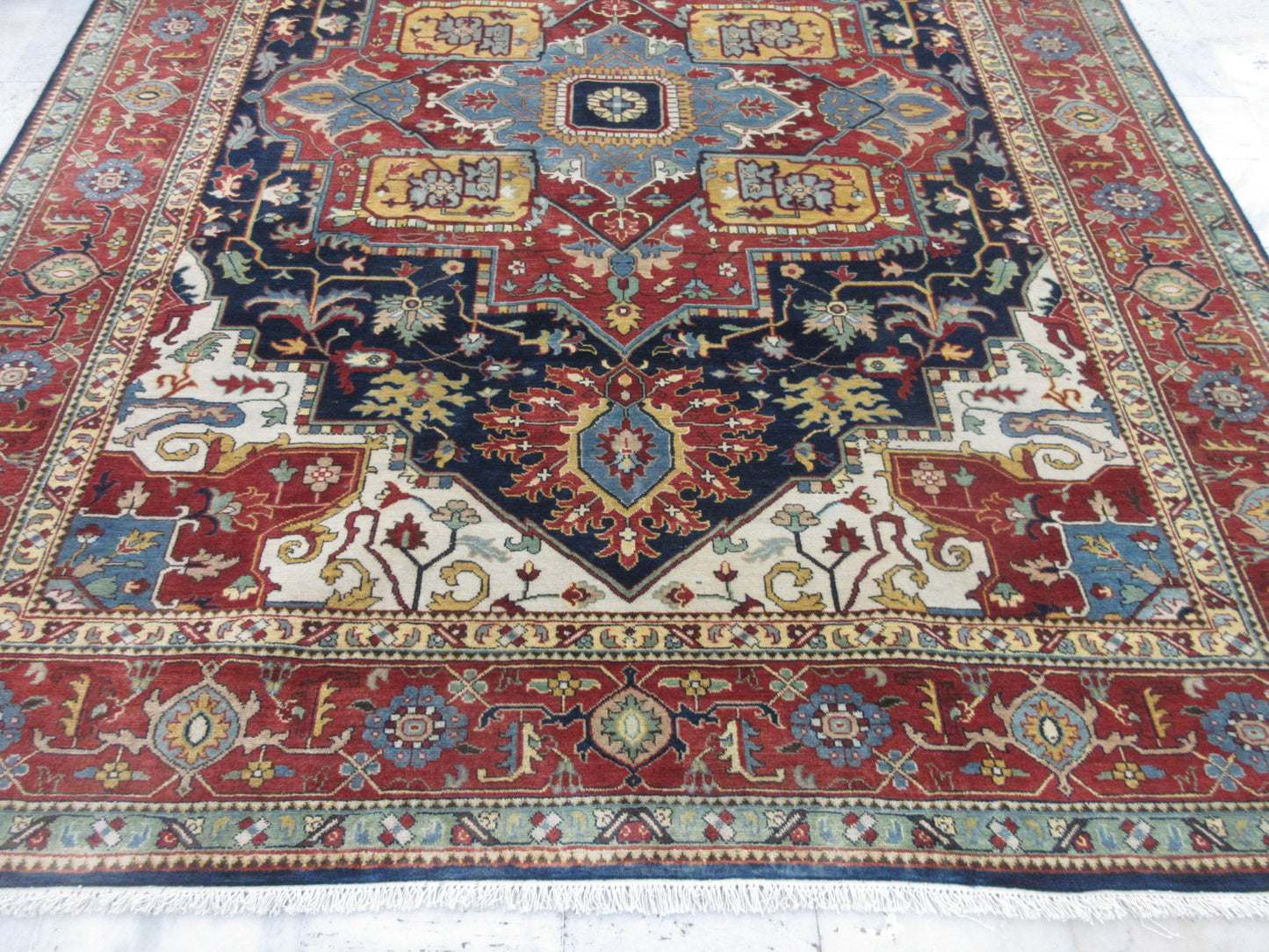 8x10 ft Hand-Knotted Persian Heriz Rug - Traditional Vintage Rust & Blue Wool Area Carpet