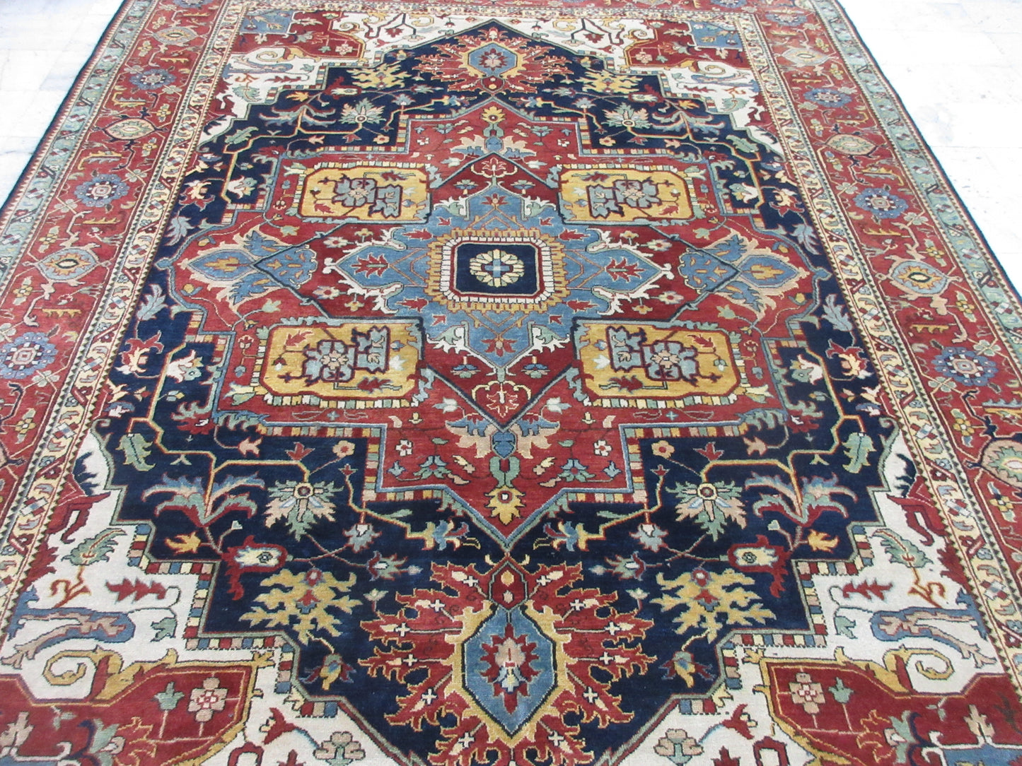 8x10 ft Hand-Knotted Persian Heriz Rug - Traditional Vintage Rust & Blue Wool Area Carpet