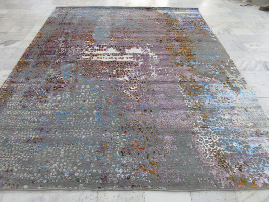 10x8 Feet Modern Abstract Hand-Knotted Wool Rug - Multicolor Textured Living Room Area Carpet