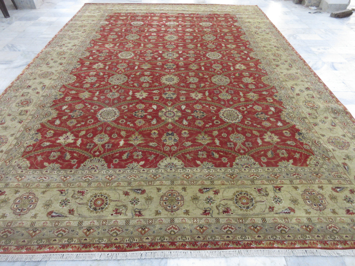 Persian Style Hand-Knotted 14x10 Feet Wool Area Rug - Red | Beige Traditional Area Rug