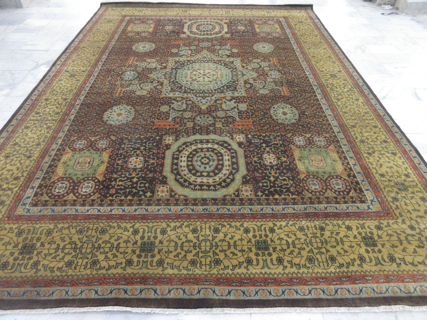 12X9 ft Hand-Knotted Wool Area Rug - Brown & Gold Traditional Oriental Pattern Area Rug