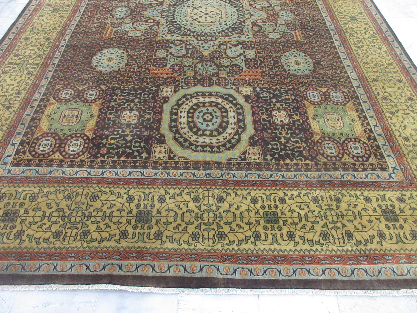 12X9 ft Hand-Knotted Wool Area Rug - Brown & Gold Traditional Oriental Pattern Area Rug