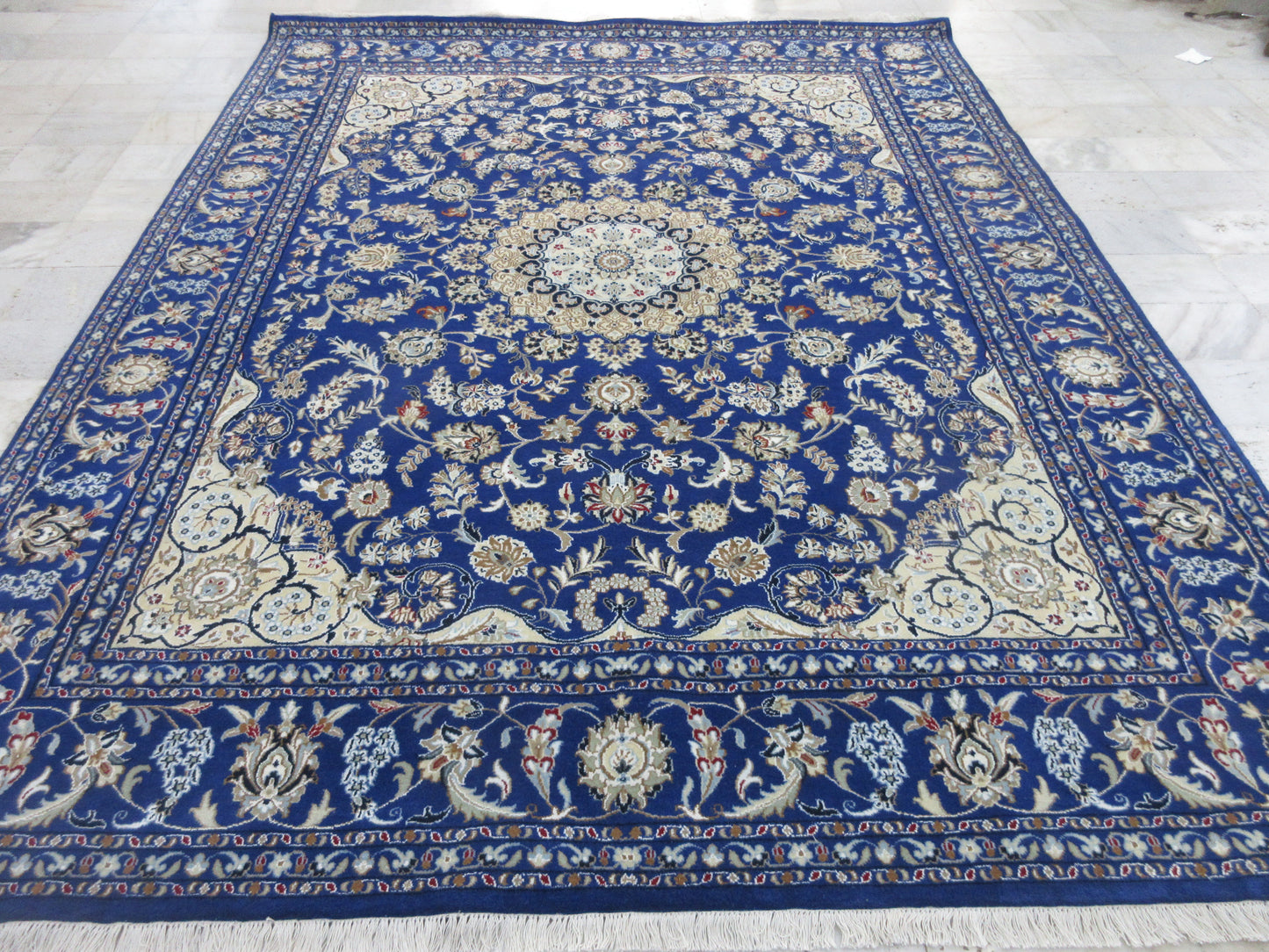 Hand-Knotted 8x10 ft Persian Blue Traditional Oriental Rug – Floral Medallion Design Living Room Rugs