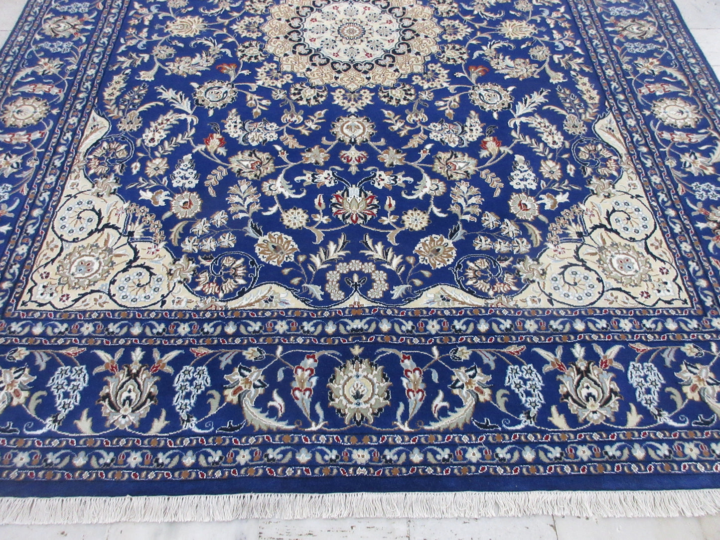 Hand-Knotted 8x10 ft Persian Blue Traditional Oriental Rug – Floral Medallion Design Living Room Rugs