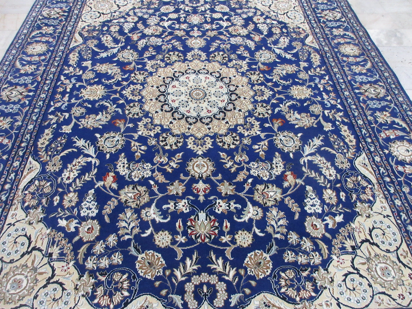 Hand-Knotted 8x10 ft Persian Blue Traditional Oriental Rug – Floral Medallion Design Living Room Rugs