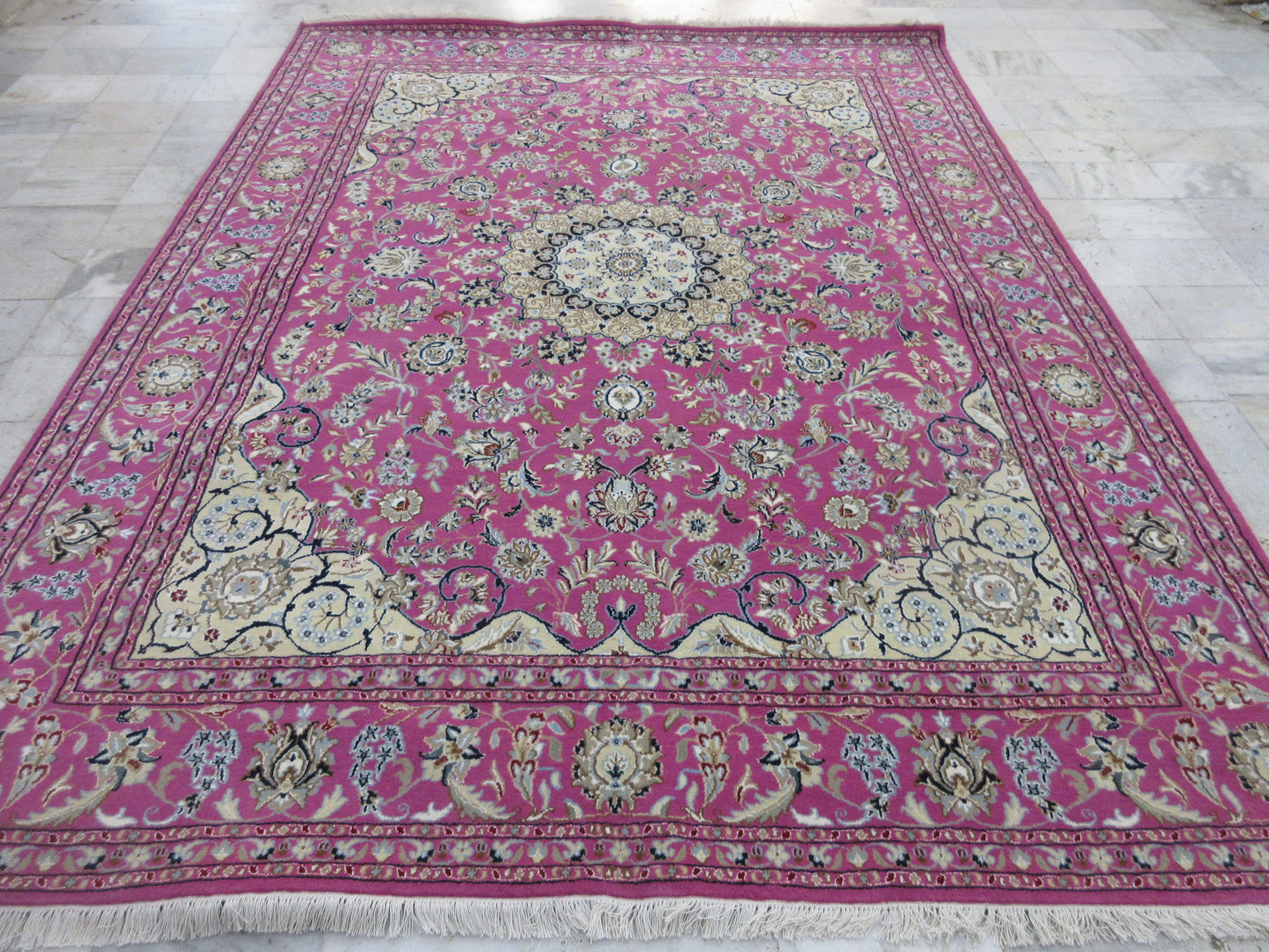 Handmade 8x10 Ft Oriental Wool Rug – Traditional Persian Design Carpet – Vintage Pink Floral Area Rug