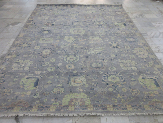 10x8 ft Vintage Hand-Knotted Grey Area Rug - Traditional Floral & Geometric Design Living Room Rugs