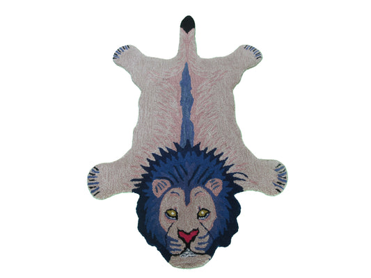 Unique 5x3 ft Blue Lion Rug, Handcrafted Woolen Floor Covering Kids Play Rug