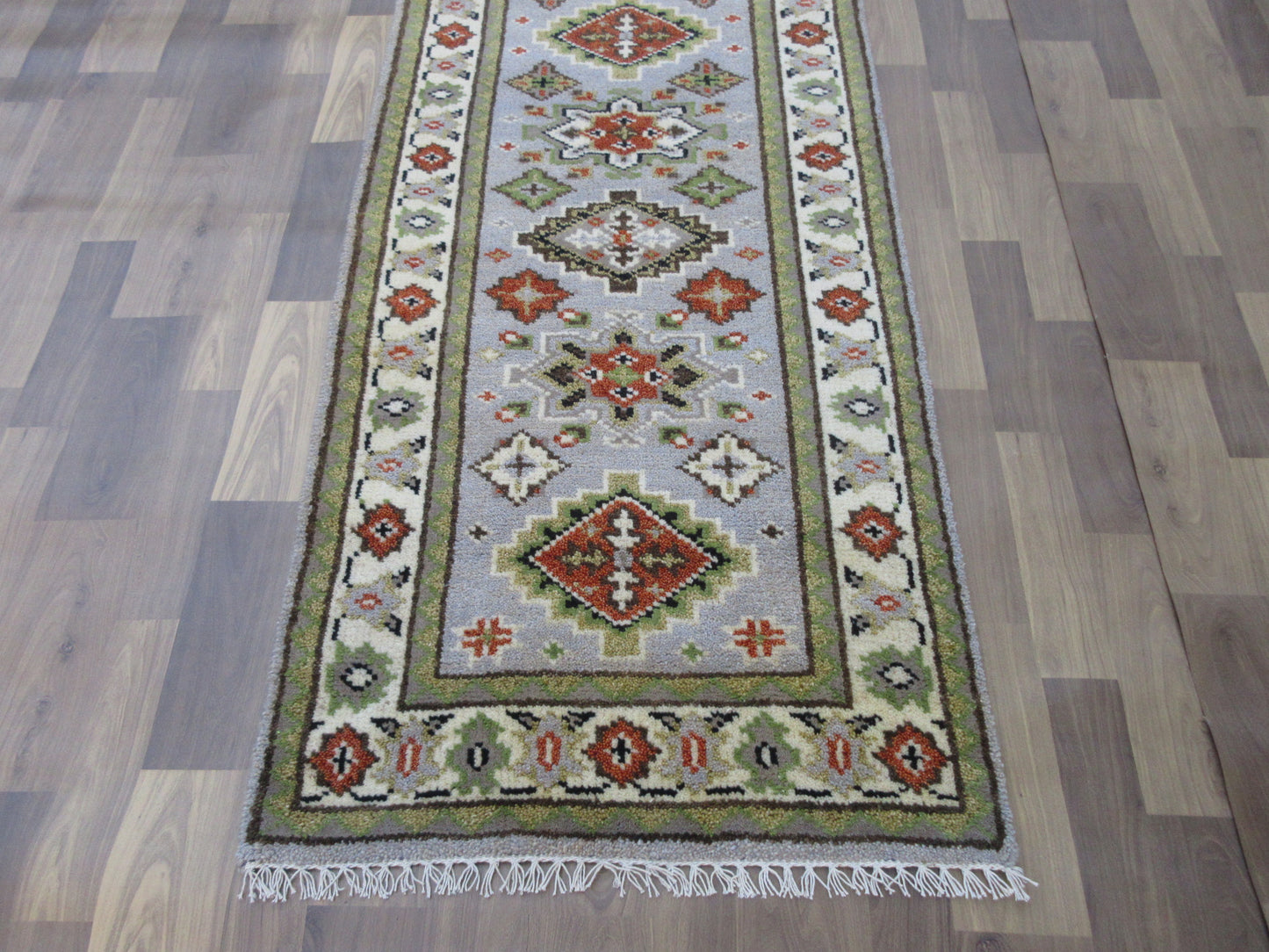 Hand Knotted Kazak Wool Rug 8x2.6ft Blue & Ivory Runner Bedroom Kitchen Carpet