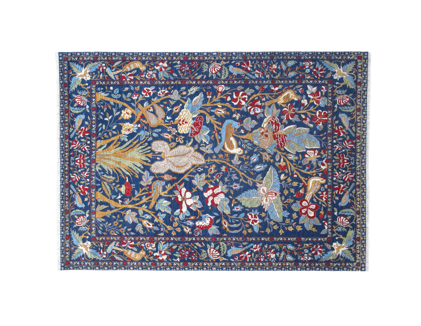 Contemporary Navy Blue Handmade Bird Hunting Wool Rug 8x10ft Modern & Elegant Bird Design