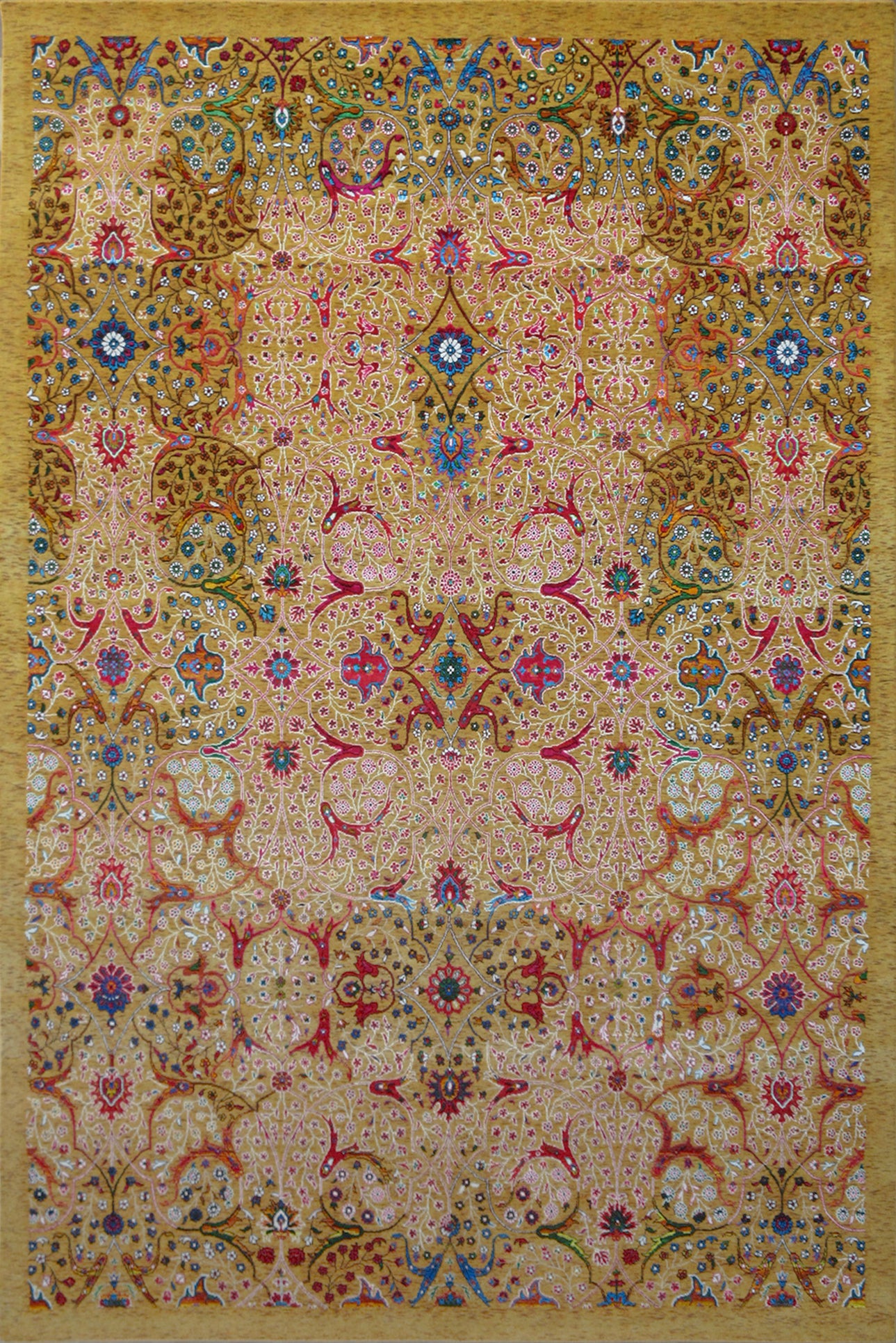 William Morris Design Wool Sari Silk 10x14ft Handknotted Rug Gold & Multicolor Area Rug