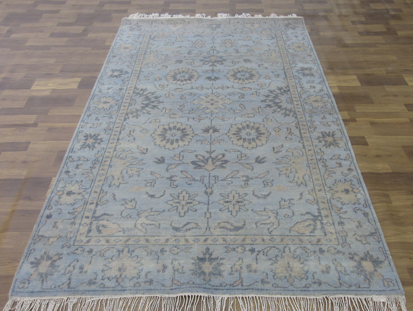 Oriental Area Rug 7.9'x4.11' Hand-Knotted Floral Aqua Wool Rug, Living Room TRC